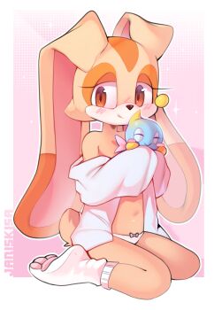 animal_ears animal_nose bow bow_panties brown_eyes chao_(sonic) closed_mouth commentary cream_the_rabbit creature english_commentary flat_chest full_body furry furry_female highres holding holding_creature kisahuiisa long_sleeves lop_rabbit_ears navel neutral_chao panties pink_background rabbit_ears rabbit_girl shirt simple_background sleeves_past_fingers sleeves_past_wrists socks sonic_(series) underwear white_panties white_shirt white_socks
