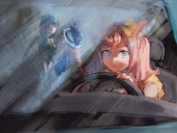 3girls agnes_digital_(full-color_fangirling)_(umamusume) agnes_digital_(umamusume) akikawa_yayoi_(umamusume) animal animal_ears animal_on_head blue_eyes blue_jacket bow brown_hair but_you_can&#039;t_prove_it_(meme) car cat cat_on_head commentary english_commentary faceless faceless_female green_hat green_jacket green_skirt hair_bow hat hayakawa_tazuna horse_ears horse_girl jacket long_hair looking_at_another low_ponytail meme motor_vehicle multiple_girls n0mennesc10 necktie on_head pink_hair ponytail shirt skirt umamusume white_hat white_shirt yellow_bow yellow_necktie