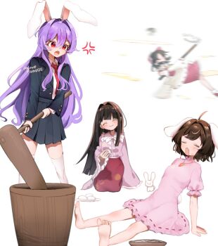 4girls anger_vein animal_ears bare_shoulders barefoot black_hair black_jacket black_skirt blush bow brown_hair closed_mouth detached_sleeves dress eating floating food gohei hair_between_eyes hakurei_reimu highres holding holding_gohei houraisan_kaguya inaba_tewi jacket kine long_hair long_sleeves looking_at_another loveplum0510 mallet medium_hair mochi mochitsuki multiple_girls necktie open_mouth pink_dress pink_shirt purple_hair rabbit rabbit_ears rabbit_girl rabbit_tail red_bow red_eyes red_necktie red_shirt red_skirt reisen_udongein_inaba shirt skirt sleeveless sleeveless_shirt tail thighhighs touhou twitter_username white_background white_shirt white_thighhighs