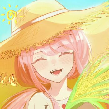 Rule 34 | 1girl, ^ ^, blue sky, blunt bangs, blush, brown hat, chinese commentary, closed eyes, clothes writing, commentary request, day, gusangyin, happy, hat, heart, heart print, highres, holding wheat, infinity nikki, lips, long hair, low twintails, nikki (nikki), nikki (series), open mouth, outdoors, pink hair, pink lips, shirt, sidelocks, sky, smile, solo, stardew valley, straw hat, sun hat, sun symbol, t-shirt, teeth, twintails, upper body, wavy hair, white shirt