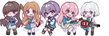 5girls absurdres bang_dream! bang_dream!_it&#039;s_mygo!!!!! bass_guitar belt black_belt black_choker black_hair blue_dress blue_eyes blue_jacket brown_eyes brown_hair brown_skirt chibi chihaya_anon chinese_commentary choker commentary_request dress drumsticks ear_piercing earrings electric_guitar grey_eyes grey_hair grey_pantyhose guitar hand_on_own_hip heterochromia highres holding holding_drumsticks holding_microphone instrument instrument_on_back jacket jewelry kaname_raana long_hair meeime114514 microphone multiple_girls mygo!!!!!_(bang_dream!) nagasaki_soyo one-eyed open_mouth pantyhose piercing pink_hair purple_eyes shiina_taki short_hair sidelocks simple_background skirt takamatsu_tomori white_background white_hair white_skirt