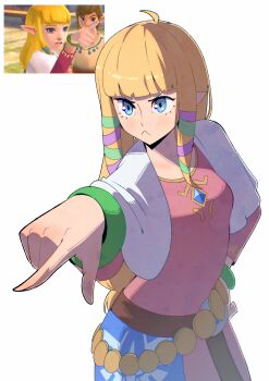 1girl absurdres blonde_hair blue_eyes blunt_bangs closed_mouth commentary dress gjh hand_on_own_hip highres link long_sleeves nintendo pink_dress pointing pointy_ears princess_zelda reference_inset shawl sidelocks simple_background the_legend_of_zelda the_legend_of_zelda:_skyward_sword white_background white_shawl
