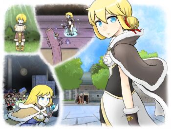 1girl 3boys aged_down alarm_(ragnarok_online) alternate_hairstyle armor armored_boots assassin_cross_(ragnarok_online) bikerowl black_cape black_shirt blonde_hair blue_eyes blue_hair blue_sky bob_cut boots breastplate breasts brown_cape brown_capelet brown_coat brown_dress brown_footwear brown_gloves brown_headwear brown_shirt brown_shorts cape capelet cleavage clock closed_mouth cloud coat commentary_request cross double_bun dress eremes_guile fire flashback fleeing full_body fur-trimmed_cape fur-trimmed_gloves fur_trim gauntlets gears gloves greatest_general_(ragnarok_online) hair_between_eyes hair_bun hat high_wizard_(ragnarok_online) holding holding_staff indoors kathryne_keyron leg_armor long_hair looking_at_another looking_at_viewer looking_back lord_knight_(ragnarok_online) mage_(ragnarok_online) mage_staff magic midriff mimic mimic_(ragnarok_online) mimic_chest monster multiple_boys navel novice_(ragnarok_online) outdoors partial_commentary pauldrons peaked_cap pelvic_curtain purple_dress purple_fire ragnarok_online red_cape red_scarf red_skirt rekenber_guard rideword_(ragnarok_online) scarf seyren_windsor shirt short_hair shorts shoulder_armor showgirl_skirt skirt sky solo_focus staff standing strapless strapless_dress torn_cape torn_clothes torn_scarf tree two-tone_dress upper_body waist_cape waving white_dress white_hair wizard_(ragnarok_online)