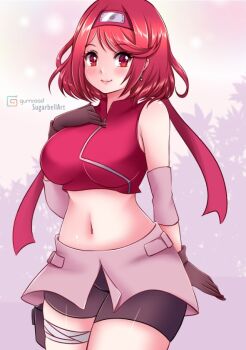 Rule 34 | 1girl, bike shorts, black bike shorts, black gloves, blush, breasts, cosplay, crossover, earrings, elbow pads, gloves, grey skirt, hand on own chest, haruno sakura, haruno sakura (cosplay), headband, jewelry, konohagakure symbol, large breasts, leaves, looking at viewer, midriff, naruto (series), navel, ninja, nintendo, pink background, pouch, pyra (xenoblade), red eyes, red hair, red shirt, shirt, short hair, skirt, sleeveless, sleeveless shirt, smile, standing, sugarbell, thigh pouch, thigh strap, xenoblade chronicles (series), xenoblade chronicles 2