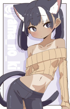 Rule 34 | 1girl, animal ears, bare shoulders, bike shorts, black hair, blush, border, cat ears, cat girl, cat tail, collarbone, commission, commissioner name, contrapposto, crop top, crotch seam, drop shadow, highres, kagura roku, midriff, multicolored hair, navel, off-shoulder shirt, off shoulder, one-piece tan, original, outside border, ribbed shirt, shirt, solo, tail, tan, tanline, twintails, white border, white hair
