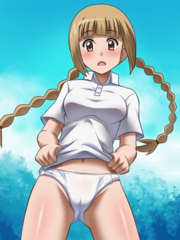 1girl awa blush braid breasts brown_eyes brown_hair cameltoe clothes_lift cloud cowboy_shot gym_uniform igarashi_kaede large_breasts long_hair looking_at_viewer midriff navel open_mouth outdoors panties seitokai_yakuindomo shirt shirt_lift short_sleeves sky tree twin_braids underwear white_panties white_shirt
