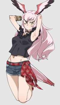 1girl absurdres armpits arms_behind_head arms_up bare_legs bird_tail black_choker black_hair black_shirt breasts choker closed_mouth commentary dot_mouth full_body greater_flamingo_(kemono_friends) grey_background groin hair_between_eyes head_wings highres kemono_friends long_hair medium_breasts midriff navel one_eye_closed pink_hair shirt short_shorts shorts simple_background sleeveless sleeveless_shirt solo tail tanabe_(fueisei) thigh_gap wings yellow_eyes
