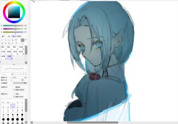 Rule 34 | 1girl, art program in frame, blue eyes, blue hair, busichuanwangyu, chinese commentary, closed mouth, commentary request, enomoto noa, expressionless, hair bobbles, hair ornament, highres, light blue hair, looking back, low ponytail, painttool sai, painttool sai (medium), ponytail, portrait, saibou shinkyoku, side ponytail, simple background, sketch, solo, white background