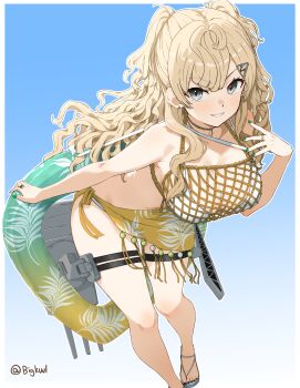 1girl absurdres bigkwl bikini blonde_hair breasts cleavage commentary_request fishnets flip-flops flower gradient_background grey_eyes grin hair_flower hair_ornament highres kantai_collection large_breasts long_hair looking_at_viewer mesh minneapolis_(kancolle) minneapolis_(swimsuit)_(kancolle) navel official_alternate_costume rigging sandals sarong smile solo swimsuit twitter_username two_side_up white_bikini yellow_sarong