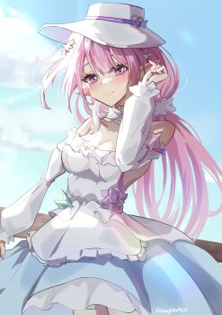 1girl bare_shoulders blue_sky breasts chuuna_(unagiunazy) cleavage commentary_request cyrene_(honkai:_star_rail) cyrene_(ripples_of_past_reverie)_(honkai:_star_rail) detached_sleeves diamond-shaped_pupils diamond_(shape) dress hat highres honkai:_star_rail honkai_(series) large_breasts long_hair looking_at_viewer multicolored_hair official_alternate_costume outdoors pink_hair pointy_ears purple_eyes sky smile solo symbol-shaped_pupils two-tone_hair very_long_hair white_dress white_hair white_hat