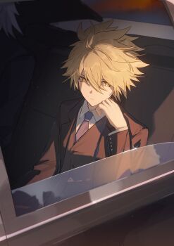 2boys absurdres alternate_costume brown_jacket car_interior closed_mouth collared_shirt commentary english_commentary grey_hair hair_between_eyes head_rest highres honkai:_star_rail honkai_(series) jacket multiple_boys necktie phainon_(honkai:_star_rail) phainon_(khaslana)_(honkai:_star_rail) purple_necktie shirt short_hair sitting solo_focus spiked_hair upper_body white_shirt yellow_eyes yiyiyiyi670