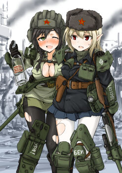2girls alcohol bad_id bad_pixiv_id black_legwear blonde_hair braid breasts brown_hair cleavage cyrillic dakku_(ogitsune) drinking drunk fur_hat green_eyes gun hammer_and_sickle hat holster large_breasts mecha_musume military military_vehicle motor_vehicle multiple_girls pantyhose personification pointy_ears red_eyes rifle russian_text short_hair skirt soviet sweater t-34 tank torn_clothes torn_legwear ushanka vehicle vodka weapon white_legwear world_war_ii