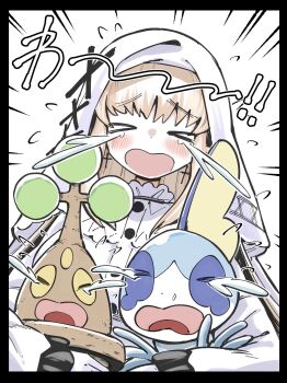 >_< 1girl black_border blonde_hair blush border closed_eyes commentary_request cross cross_earrings crossover crying earrings emphasis_lines facing_viewer gen_2_pokemon gen_8_pokemon highres hikami_meruru jewelry jinba_(jinbarta2) long_hair mahou_shoujo_no_majo_saiban nintendo open_mouth pokemon pokemon_(creature) sobble sudowoodo tears trait_connection translation_request upper_body veil white_veil