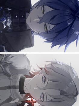 2boys blue_eyes blue_hair chamodoki_0 closed_mouth crossed_bangs earrings flins_(genshin_impact) fur_trim genshin_impact highres illuga_(genshin_impact) jewelry looking_at_another multiple_boys red_pupils scar scar_on_neck single_earring smile split_screen teeth white_background yellow_eyes