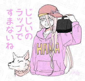 Rule 34 | 1boy, :d, baseball cap, carrying over shoulder, cherry blossoms, commentary request, cosplay, cropped torso, dog, fate/grand order, fate (series), flower, gintama, hair between eyes, hanasaka no okina (fate), hat, hat flower, highres, holding, holding radio, hood, hood down, hoodie, ishida akira (voice actor), katsura kotarou, katsura kotarou (cosplay), kimidorix32, long hair, long sidelocks, long sleeves, looking ahead, male focus, open mouth, pink eyes, pink flower, pink hair, pink hoodie, print hoodie, radio, red hat, sidelocks, sideways hat, signature, simple background, single sidelock, smile, solo, translation request, very long hair, voice actor connection, watermark, white background, white dog