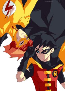 2boys black_hair blue_eyes broken_mask closed_eyes dc_comics dick_grayson domino_mask eye_mask gloves goggles kid_flash lightning_bolt_symbol male_focus mask multiple_boys orange_hair rheliant robin_(dc) torn_clothes wally_west young_justice:_invasion