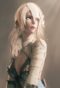 1girl 3d alternate_hairstyle asymmetrical_bangs bandaged_arm bandaged_neck bandages blender_(medium) closed_mouth devy_(hapidevy) flower hair_flower hair_ornament highres kaine_(nier) lingerie negligee nier nier_(series) parted_bangs signature solo underwear