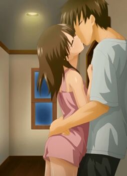 1boy 1girl absurdres anime_screenshot blush brother_and_sister brown_hair closed_eyes french_kiss full_body hetero highres hug hugging_the_other_person in_the_hallway_of_the_apartment incest kiss loli oyasumi_sex short_hair siblings sleeping_shirt standing stitched third-party_edit tsukioka_yui