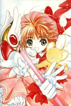 1990s_(style) 1girl :d cardcaptor_sakura clamp fuuin_no_tsue happy kero_(cardcaptor_sakura) kinomoto_sakura official_art open_mouth retro_artstyle short_hair simple_background smile white_background