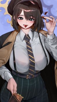 1girl absurdres black_coat black_eyes black_hair black_hat black_necktie blue_archive blue_background breasts chocolate chocolate_on_tongue coat coat_on_shoulders commentary_request cowboy_shot diagonal-striped_clothes diagonal-striped_necktie food green_pants hat heart highres hiromi_(blue_archive) holding holding_chocolate holding_food large_breasts looking_at_viewer medium_hair necktie onbawa pants peaked_cap solo striped_clothes striped_necktie suspenders