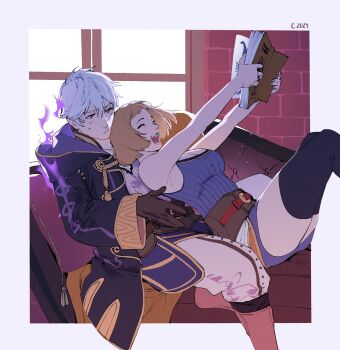 1boy 1girl aura belt belt_buckle black_cloak black_thighhighs blush book brown_hair buckle cloak closed_eyes commission couch couple dinosaur female_kiran_(fire_emblem) female_kiran_(fire_emblem)_(evomanaphy) fire_emblem fire_emblem_heroes freckles gloves happy highres holding holding_book indoors jewelry kiran_(fire_emblem) looking_at_another male_robin_(fire_emblem) male_robin_(grima)_(fire_emblem) medium_hair nintendo pillow red_eyes ring thighhighs white_hair window worvies