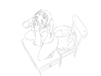 1girl anal_expulsion bad_id bad_pixiv_id blush bottomless bucket chair closed_eyes covering_own_mouth desk dutch_angle elk115 enema enema_ejection eyebrows from_above lineart monochrome on_desk original school_chair school_desk squatting tears twintails