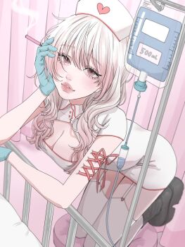 Rule 34 | 1girl, aegyo sal, aqua gloves, arm piercing, bed, black boots, blurry, boots, breasts, chair, cigarette, cleavage cutout, clothing cutout, collared dress, colored tips, corset piercing, curtains, depth of field, dress, eyelashes, from above, full body, garter belt, gloves, gradient hair, hat, head rest, highres, hospital bed, indoors, iv stand, kneeling, light blush, long hair, looking at viewer, medium breasts, multicolored hair, nurse, nurse cap, on chair, original, parted lips, pink hair, platform boots, red trim, round collar, short dress, short sleeves, smoke, tamori (tamori www), thick lips, thighhighs, two-tone hair, wavy hair, white dress, white garter belt, white hair, white thighhighs