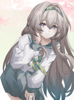 Rule 34 | 1girl, absurdres, blush, bow, breasts, checkered bow, checkered clothes, closed mouth, evzeva, firefly (honkai: star rail), firefly (spring missive) (honkai: star rail), green bow, grey hair, hair between eyes, hair intakes, hand in own hair, hand on own thigh, highres, honkai: star rail, honkai (series), jewelry, leaning forward, long hair, long sleeves, medium breasts, official alternate costume, pink eyes, ring, school uniform, smile, solo