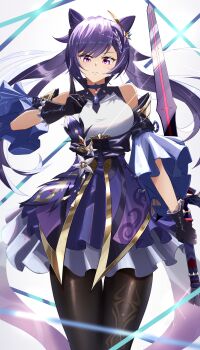 1girl absurdres bare_shoulders black_pantyhose breasts choker commentary_request detached_sleeves dress eiryu33 genshin_impact gloves gold_trim highres holding holding_sword holding_weapon keqing_(genshin_impact) looking_at_viewer medium_breasts pantyhose purple_choker purple_dress purple_eyes purple_gloves purple_hair simple_background solo sword weapon white_background
