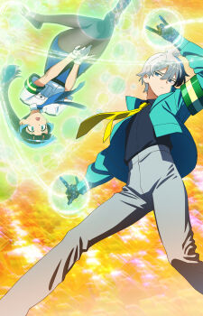 1boy 1girl absurdres black_gloves black_hair black_pantyhose black_shirt blue_eyes blue_necktie blue_skirt choujou_meguru choujun!_choujou_senpai gloves green_eyes green_hair green_jacket grey_pants highres ippongi_nao jacket key_visual long_hair multicolored_hair necktie official_art open_clothes open_jacket pants pantyhose police police_uniform policewoman ponytail promotional_art shirt short_hair short_sleeves skirt two-tone_hair white_gloves white_hair white_shirt yellow_necktie