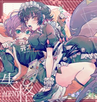 2girls absurdres apron belle_(zenless_zone_zero) black_dress black_hair black_nails black_shirt blue_hair blush bow breast_press breasts candy candy_wrapper colored_inner_hair commentary_request cover cover_page crossed_bangs dress earrings ellen_joe english_text fins fish_tail food frilled_wristband green_eyes hairband highres holding holding_candy holding_food holding_lollipop implied_yuri jewelry large_breasts lollipop looking_at_viewer lying maid_headdress metal_hairband mole mole_on_arm mole_under_eye multicolored_hair multiple_girls on_back open_mouth orange_socks print_shirt razor_blade_hair_ornament red_background red_bow red_eyes red_nails scar scar_on_tail shark_girl shark_tail sharp_teeth shirt shoes short_hair socks spiked_headband subaru_(ayaka) tail teeth tongue tongue_out waist_apron white_shoes zenless_zone_zero