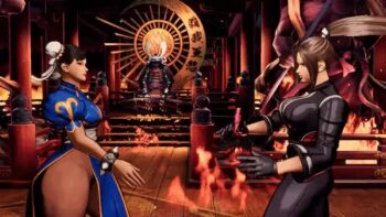 2girls akiman_pose animated black_jacket black_pants blue_dress breast_press breasts brown_pantyhose capcom china_dress chinese_clothes cropped_jacket double_bun dress faceoff fatal_fury fatal_fury:_city_of_the_wolves female_focus fire folding_fan game_cg game_screenshot hair_bun hand_fan high_ponytail holding holding_fan indoors jacket large_breasts leather leather_jacket leather_pants multiple_girls pants pantyhose ponytail snk street_fighter street_fighter_6 symmetrical_docking tagme thick_thighs thighs trait_connection video video_game_screencap