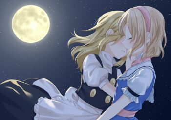 Rule 34 | 2girls, alice margatroid, apron, back bow, black skirt, black vest, blonde hair, blue dress, bow, commentary request, dress, full moon, hairband, hand on another's chin, imminent kiss, kirisame marisa, long hair, medium hair, moon, multiple girls, night, no headwear, pink hairband, pink sash, puffy short sleeves, puffy sleeves, sash, short sleeves, skirt, sky, star (sky), starry sky, touhou, tsuno no hito, vest, waist apron, waist sash, white apron, white bow, yuri