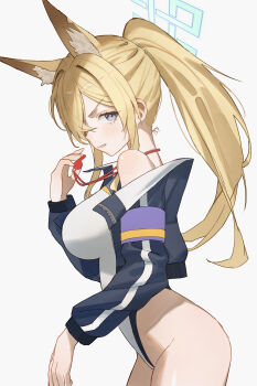 Rule 34 | 1girl, absurdres, animal ear fluff, animal ears, armband, bare shoulders, blonde hair, blue archive, blue eyes, blue halo, blue jacket, breasts, competition swimsuit, cropped jacket, crossed bangs, dog ears, extra ears, from side, haelolo, hair over one eye, halo, high ponytail, highleg, highleg one-piece swimsuit, highres, holding, holding whistle, jacket, kanna (blue archive), kanna (swimsuit) (blue archive), large breasts, lifeguard, long hair, looking at viewer, notched ear, off shoulder, official alternate costume, official alternate hairstyle, one-piece swimsuit, open clothes, open jacket, parted bangs, parted lips, ponytail, purple armband, scowl, sidelocks, simple background, solo, swimsuit, whistle, whistle around neck, white background