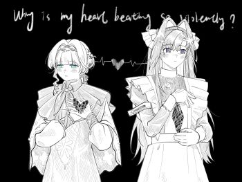2girls apron blue_eyes braid braided_bangs cestalmtor cloak collared_dress dress english_text frilled_apron frills greyscale hair_intakes hair_ornament hairband hand_on_own_chest hands_on_own_chest heart highres hole_in_chest hole_on_body kiperina monochrome multiple_girls neckerchief reverse:1999 school_uniform soviet_school_uniform spot_color star_(symbol) star_hair_ornament upper_body voyager_(reverse:1999)