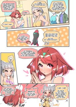 2girls alternate_costume breasts comic english_text highres large_breasts multiple_girls nia_(fancy_sundress)_(xenoblade) nia_(xenoblade) osora_(judithandlilith) pyra_(xenoblade) red_eyes red_hair speech_bubble xenoblade_chronicles_(series) xenoblade_chronicles_2