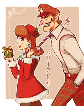 1boy 1girl blue_eyes christmas collared_shirt earrings flower_earrings from_side gift hands_in_pockets hat highres holding holding_gift jewelry mario_(series) necktie nintendo onirizu pointy_ears princess_daisy red_hat shirt waluigi