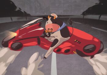 akira_(manga) akira_slide animal_ears bad_link bicycle building city cityscape cow cow_ears cow_hat cow_horns cow_tail danilo_vaz drifting dust_cloud face_piercing highres highway horns kaneda_shoutarou's_bike mario_(series) mario_kart mario_kart_world moo_moo_(mario) motor_vehicle motorcycle nintendo nose_piercing nose_ring on_motorcycle outdoors parody piercing poster_parody riding riding_bicycle road scene_reference scenery skid_mark sky skyscraper sliding street tail udder wild_wiggler