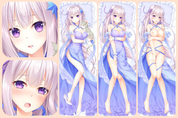 1girl :d bare_legs barefoot bed_sheet blue_ribbon braid breasts cat cleavage collarbone criss-cross_halter crown_braid dakimakura_(medium) dress emilia_(re:zero) floating_hair flower from_above full_body hair_flower hair_ornament hair_ribbon halterneck high_heels long_hair looking_at_viewer lying medium_breasts naked_ribbon nipples on_back open_mouth pillow puck_(re:zero) pumps purple_dress purple_eyes purple_ribbon re:zero_kara_hajimeru_isekai_seikatsu ribbon side_slit sleeveless sleeveless_dress smile split_screen summer-d_(dodojune) very_long_hair white_flower white_footwear white_hair wrist_cuffs