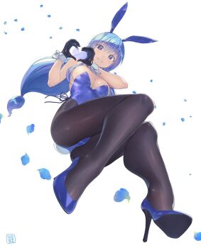 Rule 34 | 1girl, animal ears, artist logo, black gloves, black pantyhose, blue eyes, blue hair, blue leotard, blue lotus (flower knight girl), blue shoes, breasts, cleavage, commentary request, fake animal ears, fake tail, falling petals, flower knight girl, from below, gloves, heart, heart hands, heibonkaeru, high heels, highres, leotard, logo, long hair, looking at viewer, low-tied long hair, nontraditional playboy bunny, pantyhose, petals, pumps, rabbit ears, rabbit tail, shoe soles, shoes, side-tie leotard, smile, solo, stiletto heels, strapless, strapless leotard, tail, white wrist cuffs, wrist cuffs