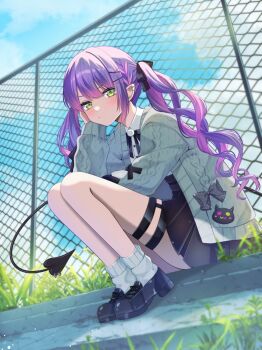 1girl aran_sweater black_bow black_bowtie black_shoes black_skirt blue_sky bow bowtie cable_knit cardigan center-flap_bangs chain-link_fence cloud collared_shirt colored_inner_hair commentary_request cross-laced_clothes cross-laced_sleeves day demon_girl demon_tail double-parted_bangs ear_piercing fence gradient_hair grass green_eyes grey_cardigan hair_ornament hairclip hand_up high-waist_skirt highres hololive knees_up long_hair looking_at_viewer loose_socks miniskirt multicolored_hair nametakeko outdoors parallel_hairclips piercing pink_hair pleated_skirt pointy_ears pom_pom_(clothes) purple_hair shirt shirt_tucked_in shoes sitting skirt sky socks solo spiked_ear_piercing sweater tail thigh_strap tokoyami_towa tokoyami_towa_(jirai_kei) twintails virtual_youtuber white_shirt white_socks