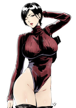 1girl ada_wong arm_at_side arm_behind_head arm_up artist_name asian black_hair black_thighhighs bob_cut breasts club3 eyeshadow grey_eyes groin heattech_leotard highres hip_focus holster large_breasts leotard licking_lips long_sleeves makeup mascara one_eye_closed parted_bangs pink_lips red_leotard resident_evil resident_evil_4 ribbed_leotard shiny_skin short_hair shoulder_holster simple_background sleeved_leotard solo steaming_body thighhighs thighs tongue tongue_out turtleneck white_background