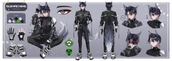Rule 34 | ..., 1boy, abs, absurdres, ahoge, anger vein, angry, animal ear fluff, animal ear piercing, animal ears, ankle strap, arm at side, arm up, arms at sides, artist name, averting eyes, belt, belt buckle, belt pouch, black belt, black gloves, black hair, black jacket, black pants, black shirt, blush, border, buckle, character name, chest harness, closed mouth, color guide, colored inner hair, commentary, copyright logo, copyright notice, covered collarbone, covered navel, cropped jacket, denim, dopefish, embarrassed, english commentary, english text, expressionless, extra ears, eyeshadow, facing away, facing viewer, fingerless gloves, fox boy, fox ears, fox tail, from behind, full body, gloves, glowing, glowing eyes, green hair, green pupils, grey background, grey eyes, grey hair, grey tail, hair between eyes, hand on own hip, harness, high collar, highres, indie virtual youtuber, jacket, jacket partially removed, jeans, lapels, logo, looking at viewer, looking to the side, makeup, male focus, medium hair, multicolored hair, multiple expressions, multiple views, notched lapels, notice lines, official art, open clothes, open hands, open jacket, open mouth, pants, parted lips, portrait, pouch, red eyeshadow, reference sheet, second-party source, shirt, shoes, short sleeves, single fingerless glove, sitting, slit pupils, smile, spoken blush, spread legs, standing, straight-on, streaked hair, suimachine, system shock, tail, tail raised, teeth, tongue, tongue out, torn clothes, torn jeans, torn pants, triangle, tsurime, tsuuuno2, two-tone tail, undershirt, unworn shoes, v-shaped eyebrows, virtual youtuber, white border, white shoes, white tail