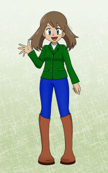 1girl alternate_costume arm_at_side blue_eyes blue_pants boots breasts brown_boots brown_hair buttons casual eyelashes facing_viewer fankifalu female_focus full_body gradient_background green_background green_jacket hand_up happy highres jacket knee_boots long_sleeves looking_at_viewer may_(pokemon) medium_hair neck nintendo no_headwear open_hand open_mouth pants pokemon pokemon_rse sidelocks small_breasts standing swept_bangs waving