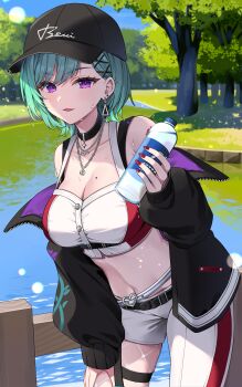 Rule 34 | 1girl, absurdres, asymmetrical clothes, baseball cap, black choker, black hat, black jacket, blush, bottle, breasts, bustier, choker, cleavage, commentary request, ear piercing, earrings, green hair, hair ornament, hand up, hat, highres, holding, holding bottle, jacket, jewelry, large breasts, mashita (kuzsat), midriff, mole, mole on breast, nail polish, navel, necklace, off shoulder, open clothes, open jacket, outdoors, pants, park, piercing, plastic bottle, purple eyes, red nails, short hair, single pantsleg, solo, sweat, thigh strap, tree, two-sided fabric, two-sided jacket, virtual youtuber, vspo!, water, water bottle, white bustier, white pants, yakumo beni, yakumo beni (4th costume)