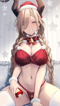 azur_lane bell blush bra braid breasts brown_eyes brown_hair christmas cleavage commentary_request curtains grin hair_over_one_eye hat highres horns large_breasts long_hair looking_at_viewer mole mole_under_mouth mutsumi_nemuru navel neck_bell owari_(azur_lane) panties red_bra red_panties santa_hat sitting smile teeth thighhighs twin_braids underwear very_long_hair white_thighhighs
