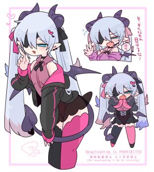 1boy :3 :o asymmetrical_legwear bare_shoulders black_bow black_cardigan black_choker black_corset black_ribbon black_skirt black_thighhighs blue_eyes blue_hair blush bow bulge cardigan chibi choker collared_shirt colored_tips commentary corset crossdressing crossdressing_(mtf) demon_boy demon_horns demon_tail demon_wings earclip eyepatch fang feet_out_of_frame flipped_hair flying_sweatdrops full_body furrowed_brow hair_between_eyes hair_bow hair_ornament hand_up hands_up heart heart-shaped_pupils heart_hair_ornament highres horns leaning_forward long_hair long_sleeves looking_at_viewer male_focus mini_wings mismatched_legwear multicolored_hair multiple_views narrowed_eyes neck_ribbon no_nose off_shoulder one_eye_covered op_na_yarou open_cardigan open_clothes open_mouth original parted_lips pink_bow pink_cardigan pink_shirt pink_thighhighs pink_trim pointy_ears purple_cardigan purple_horns quad_tails raised_inner_eyebrows red_hair ribbon rigel_(op_na_yarou) see-through_clothes see-through_skirt shirt sidelocks simple_background skirt sleeveless sleeveless_shirt sleeves_past_fingers sleeves_past_wrists speech_bubble standing straight_hair sweat symbol-shaped_pupils tail thighhighs thighs trap upper_body very_long_hair watermark white_background white_hair wings