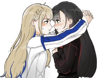 2girls arms_around_neck azusawa_kohane black_hair black_jacket blonde_hair blue_streaks blush chaimamon commentary earrings eye_contact hashtag-only_commentary jacket jewelry long_hair looking_at_another multiple_girls parted_lips project_sekai red_streaks shiraishi_an simple_background sweat whip_the_wimp_girl!!_(project_sekai) white_background white_jacket yuri