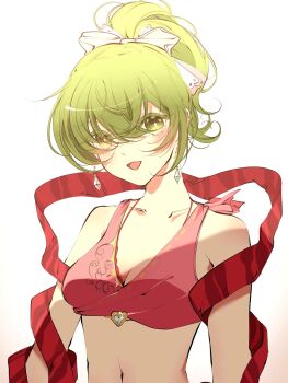 1girl bare_shoulders blush bra bra_peek bra_strap breasts cleavage collarbone crop_top dancer earrings fire_emblem fire_emblem:_genealogy_of_the_holy_war green_eyes green_hair hair_between_eyes hair_ribbon heart high_ponytail highres jewelry lene_(fire_emblem) long_hair looking_at_viewer medium_breasts midriff navel nintendo open_mouth pink_top ponytail red_scarf ribbon scarf simple_background smile solo striped_clothes striped_scarf underwear upper_body white_background white_ribbon yurari_forever