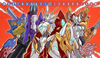 Rule 34 | armor, cannon, claws, digimon, digimon (creature), fusion, highres, horns, looking at viewer, metalgarurumon, metalgarurumon x-antibody, omegamon, omegamon x-antibody, sword, wargreymon, wargreymon x-antibody, weapon